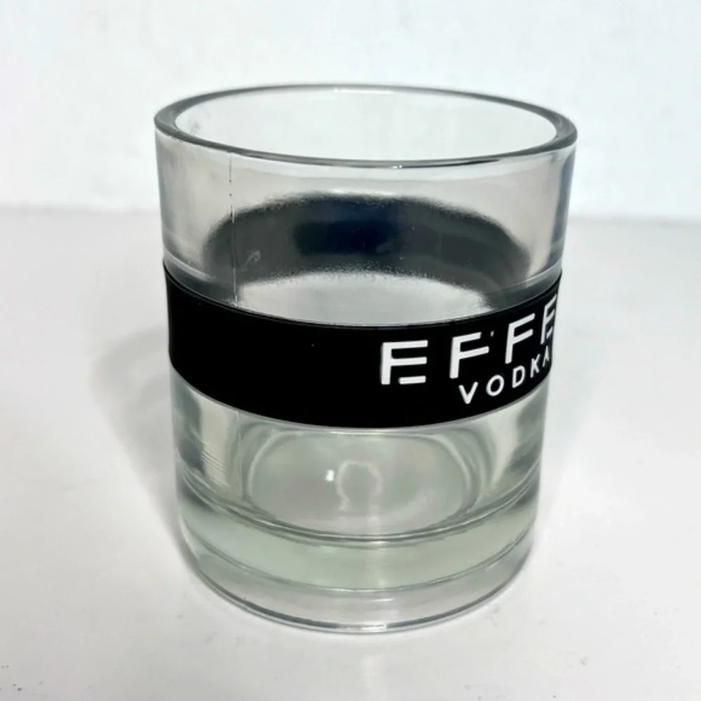 Vintage Effen Vodka Lowball Glass Black Rubber Band  On the Rocks 8 oz
